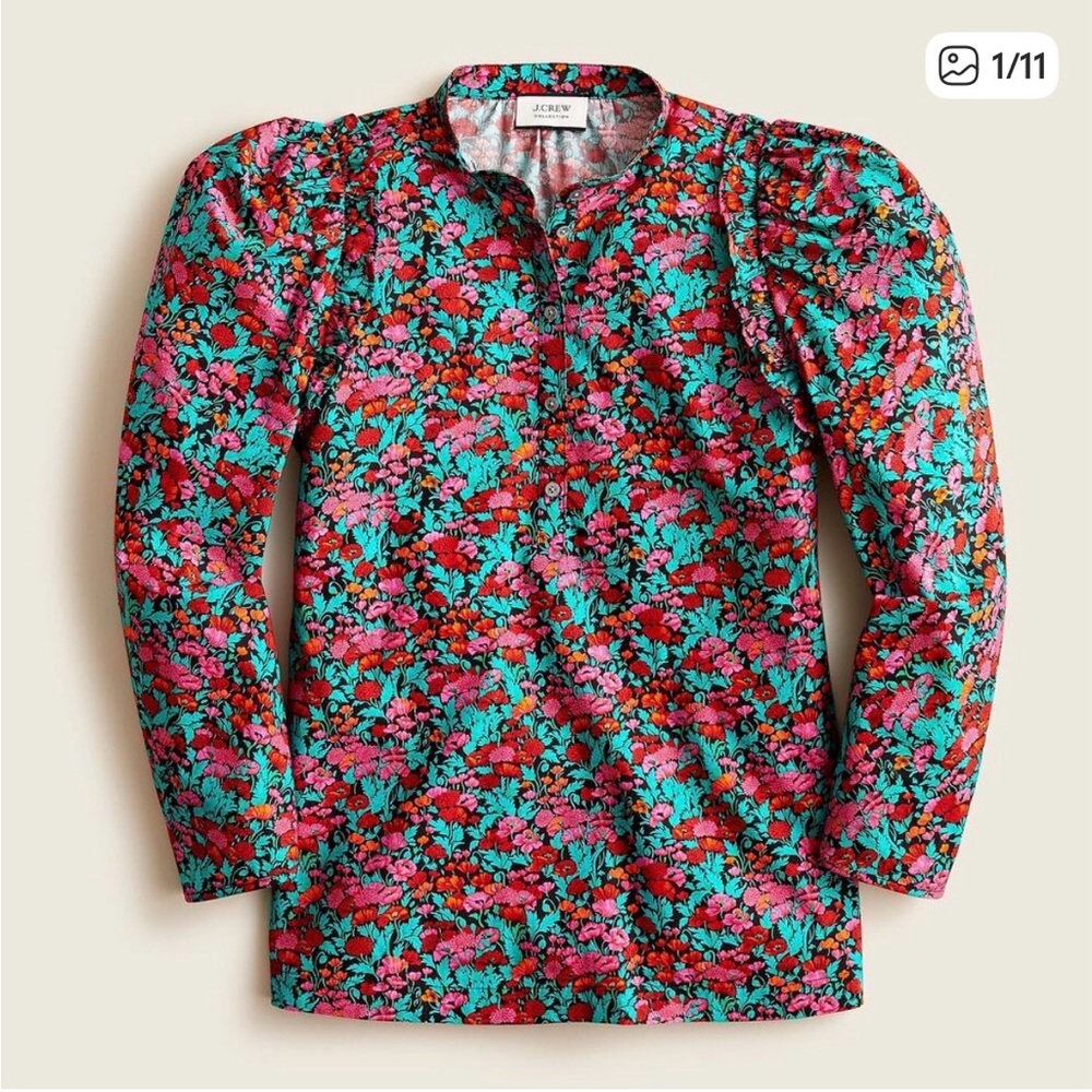 J. Crew Red, Green and Pink Floral Blouse- Puff Sleeve